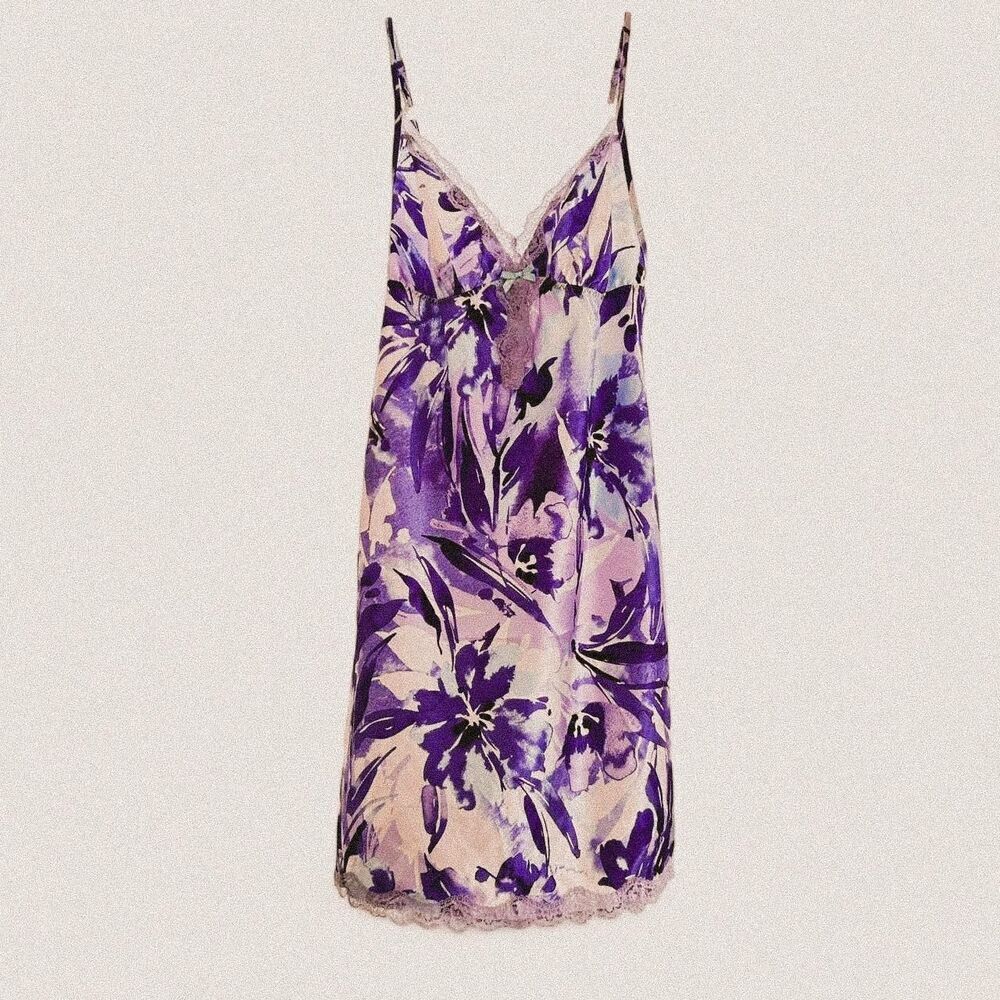 Y2K Silky Sheen Purple Floral Lace Babydoll Slip Dress – Retro Coquette Glam S
